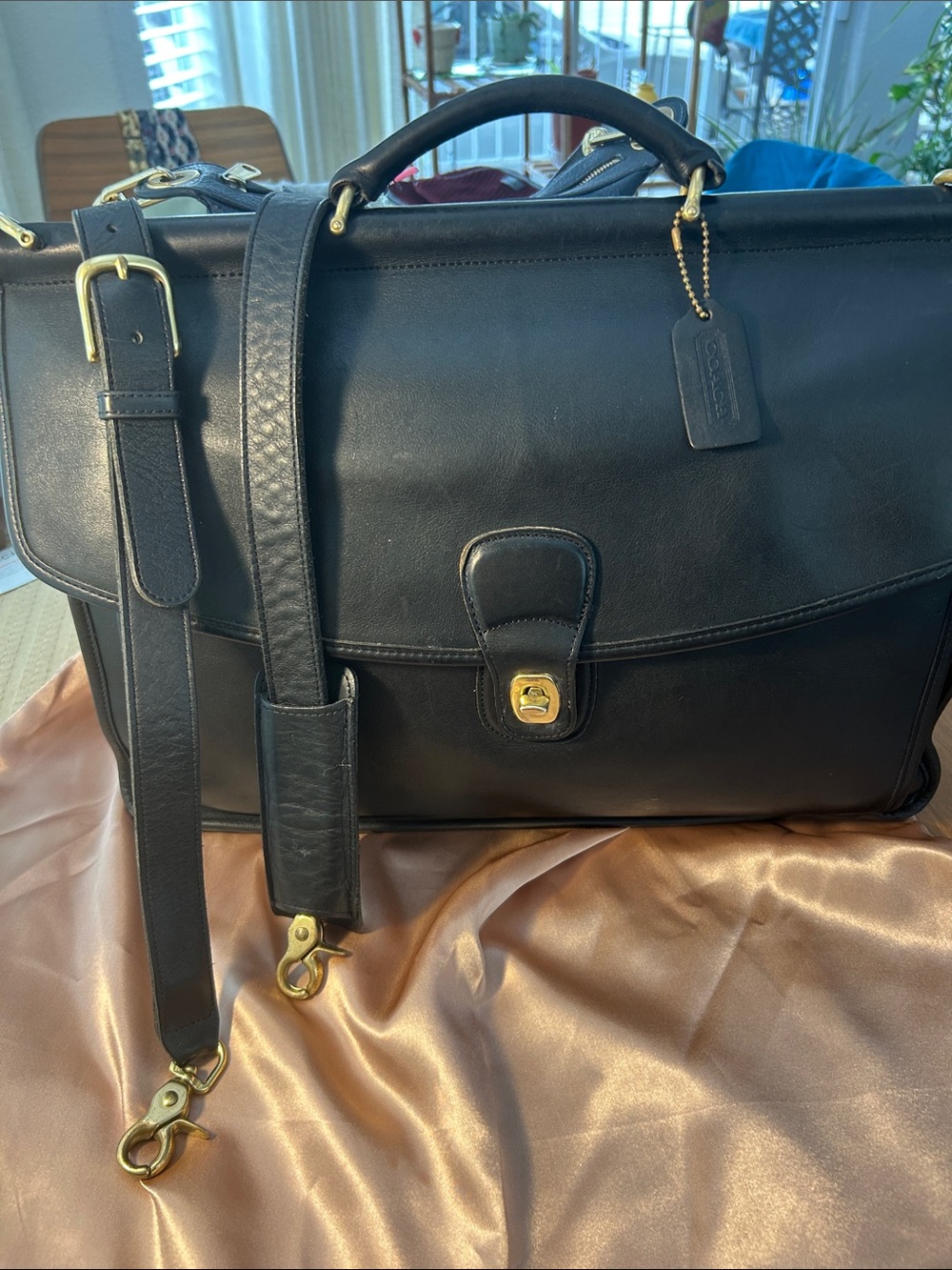 Vintage Coach Black Leather Briefcase with Chunky Brass Hardware